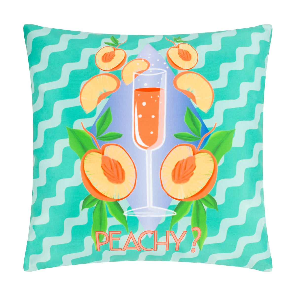 Peachy Abstract Polyester Cushion in Aqua, square 43 x 43cm design with wavy stripes, a Bellini glass, peach halves, green leaves and coral "Peachy?" text, shown on a white background.