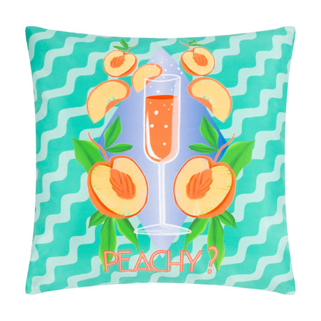 Peachy Abstract Polyester Cushion in Aqua, square 43 x 43cm design with wavy stripes, a Bellini glass, peach halves, green leaves and coral "Peachy?" text, shown on a white background.