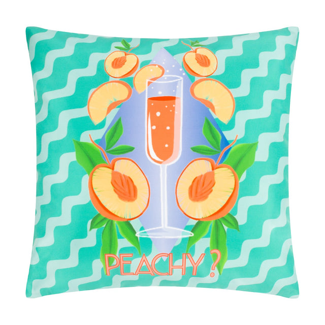 Peachy Abstract Polyester Cushion in Aqua, square 43 x 43cm design with wavy stripes, a Bellini glass, peach halves, green leaves and coral "Peachy?" text, shown on a white background.