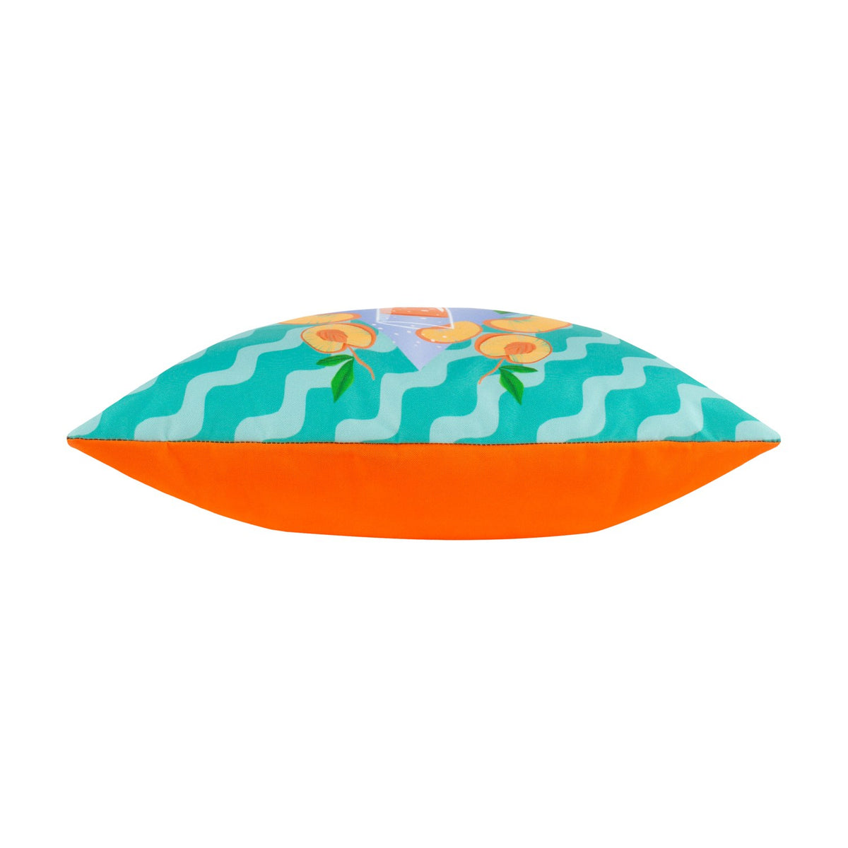 Side view of the Peachy Abstract Polyester Cushion in aqua, showing wavy stripe pattern and peach print on top with a solid orange reverse panel, plain white background.