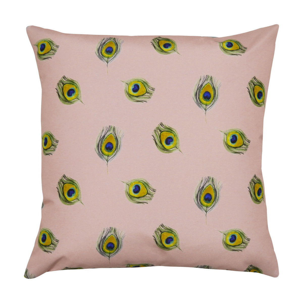 Square polyester cushion in dusky pink featuring a scattered peacock-feather print in green, gold and blue, shown on a plain white background.