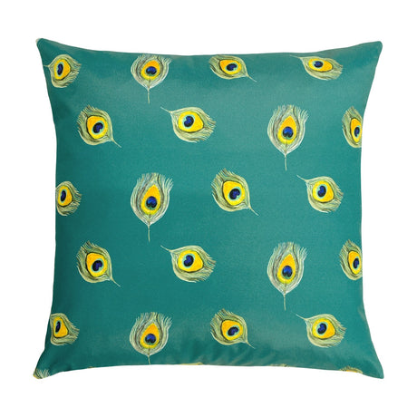 Square polyester outdoor cushion in teal, showing the reverse print of scattered peacock feather eyes in green, yellow and blue on a plain background.