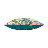 Side view of the Peacock Animal Polyester Cushion in blush, showing blush-pink botanical print on one side and teal peacock feather print on the reverse, against a white background.