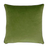 Square olive green velvet cushion with piped edge trim, shown plain-side on a white background, 43 x 43cm.