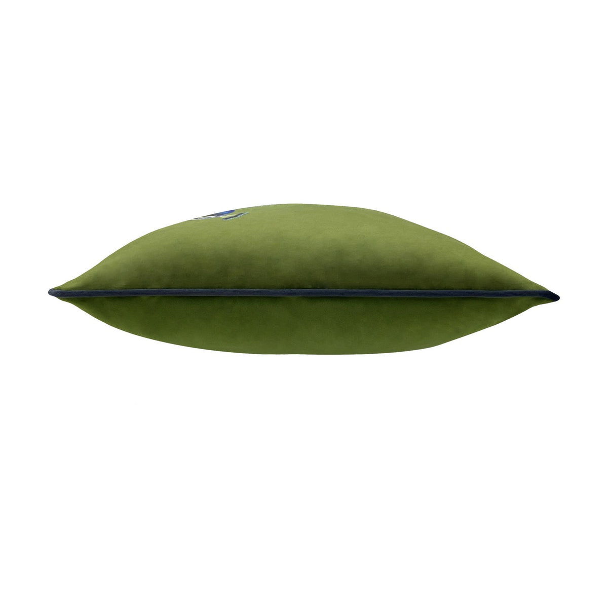 Side view of the Peacock Animal Velvet Cushion in olive green velvet, showing its plump edge with contrast navy piping, set against a plain white background.