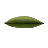 Side view of the Peacock Animal Velvet Cushion in olive green velvet, showing its plump edge with contrast navy piping, set against a plain white background.