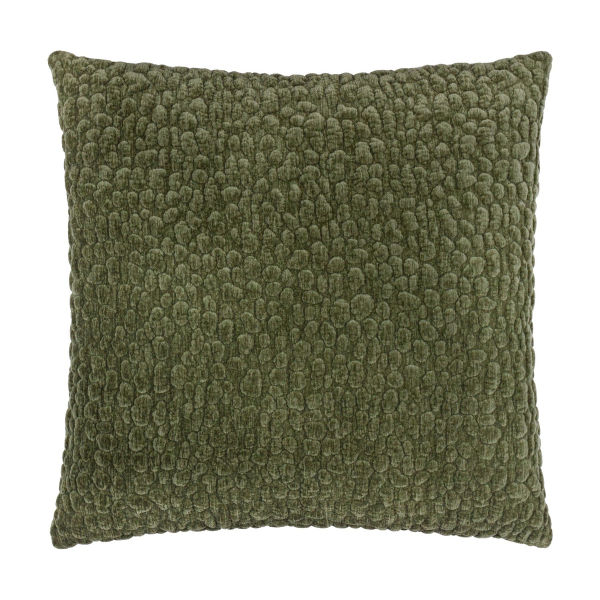 Pebble Linen Chenille Cushion in Lichen, a square olive-green cushion with a raised, pebble-textured chenille surface, shown on a plain white background.