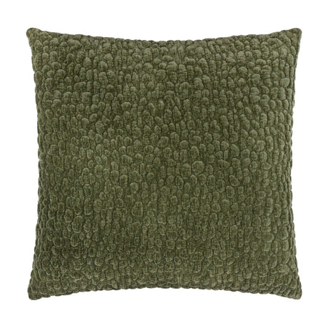 Pebble Linen Chenille Cushion in Lichen, a square olive-green cushion with a raised, pebble-textured chenille surface, shown on a plain white background.