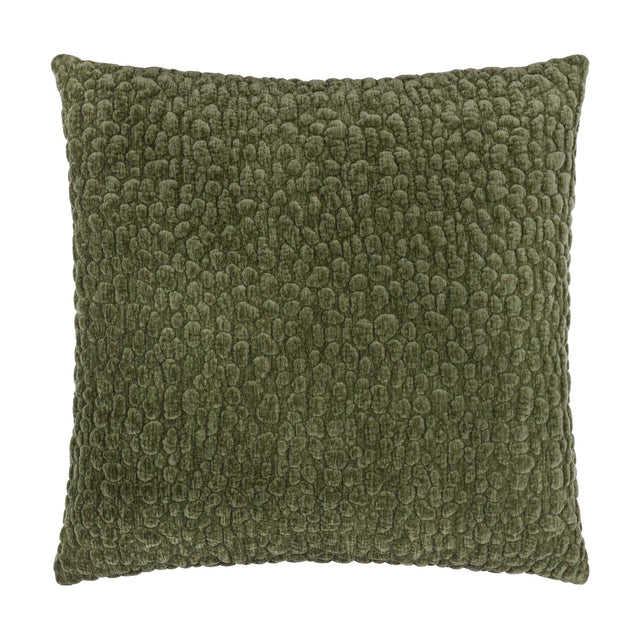 Pebble Linen Chenille Cushion in Lichen, a square olive-green cushion with a raised, pebble-textured chenille surface, shown on a plain white background.