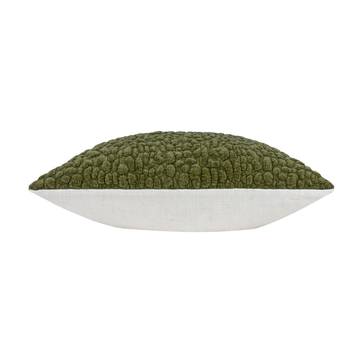 Side view of the Pebble Linen Chenille Cushion in Lichen, showing textured olive-green pebble chenille front and plain white linen back, on a white background.