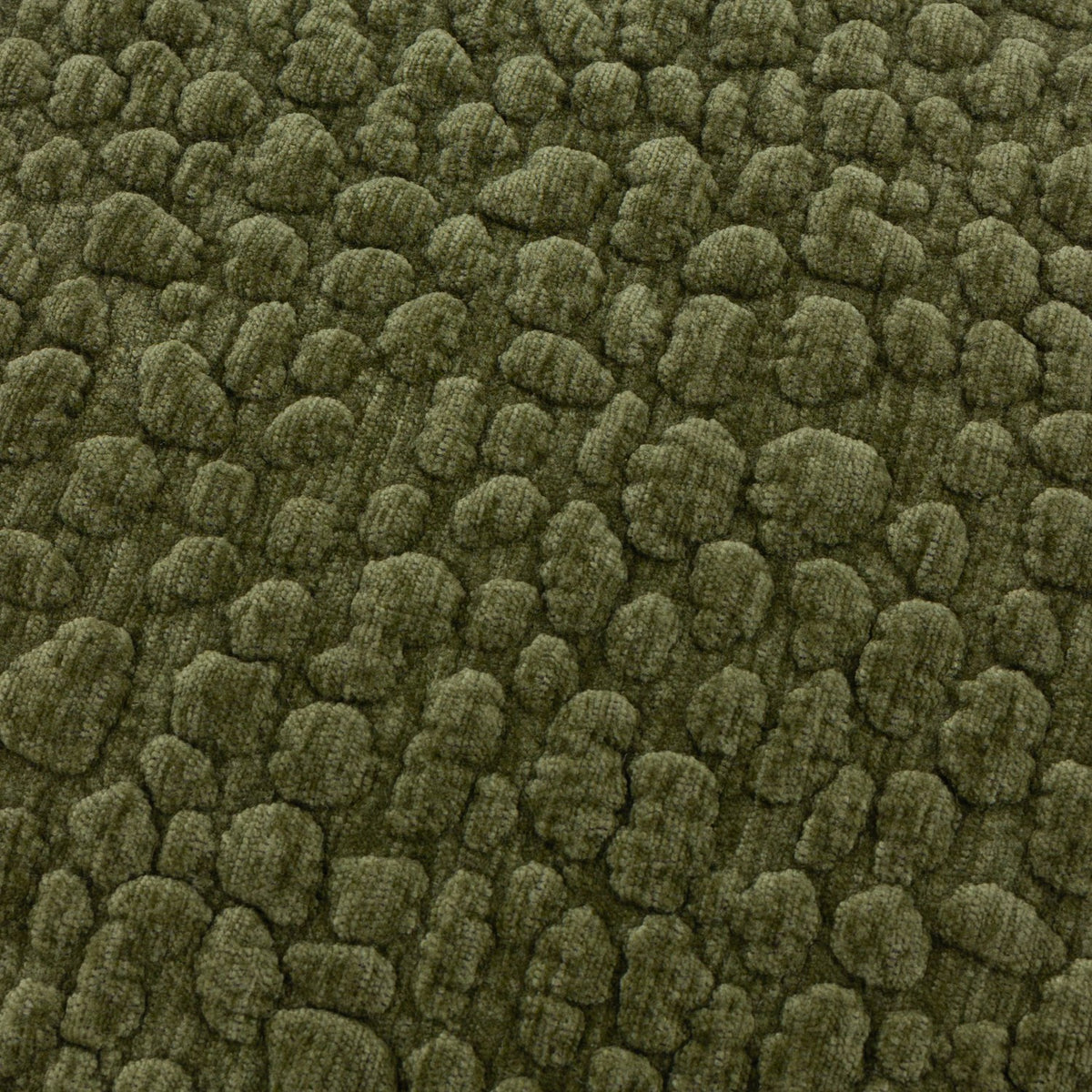 Close-up of the Pebble Linen Chenille Cushion in Lichen, showing raised, pebble-textured chenille pile in deep olive green with subtle sheen.