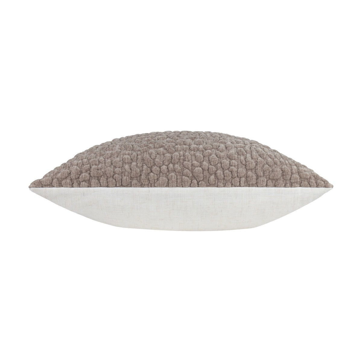 Side view of the Pebble Linen Chenille Cushion in slate, showing textured pebble-effect chenille front and plain white linen back, on a white background.