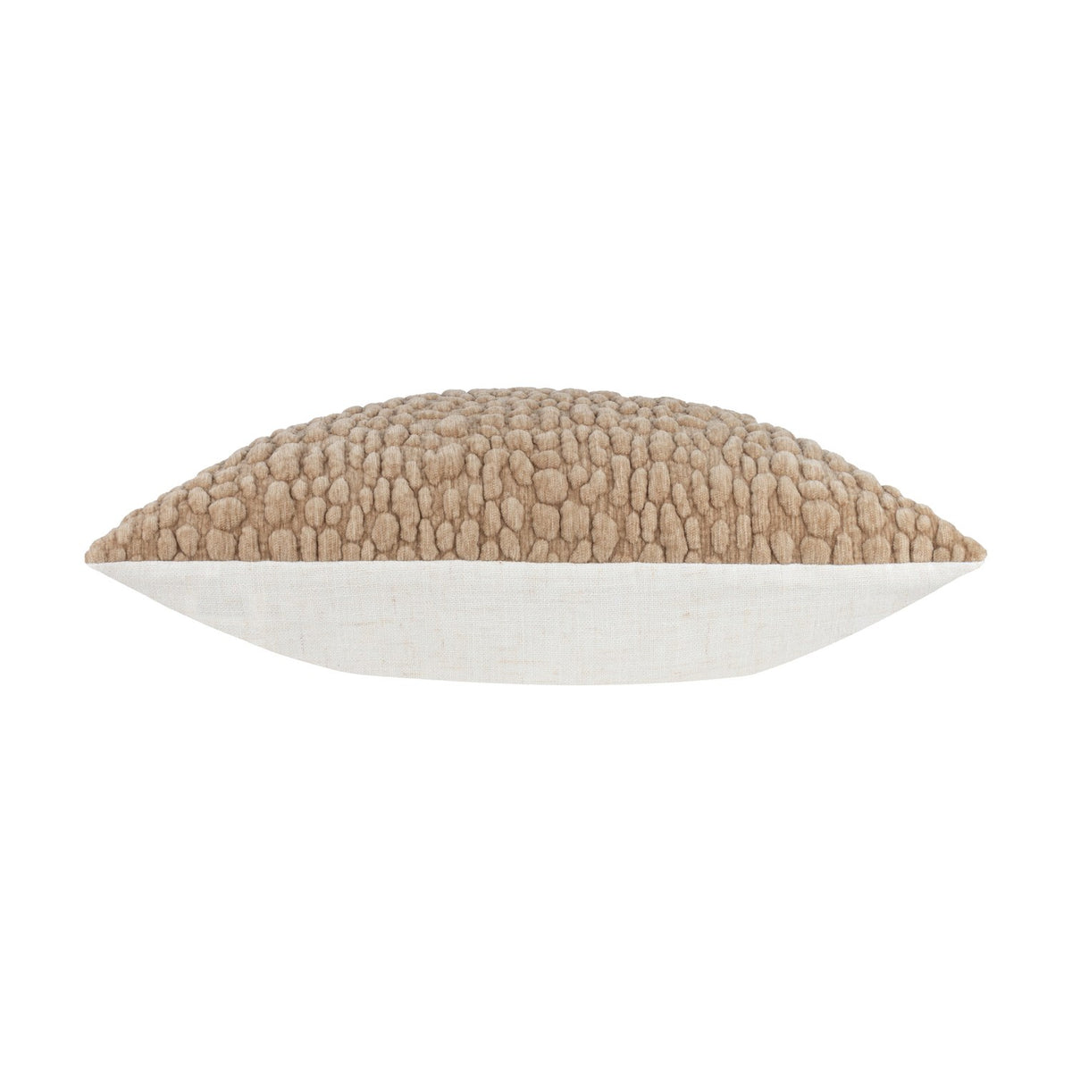 Side profile of the Pebble Linen Chenille Cushion in stone, showing a raised pebble-textured chenille face and plain white linen back, on a white background.