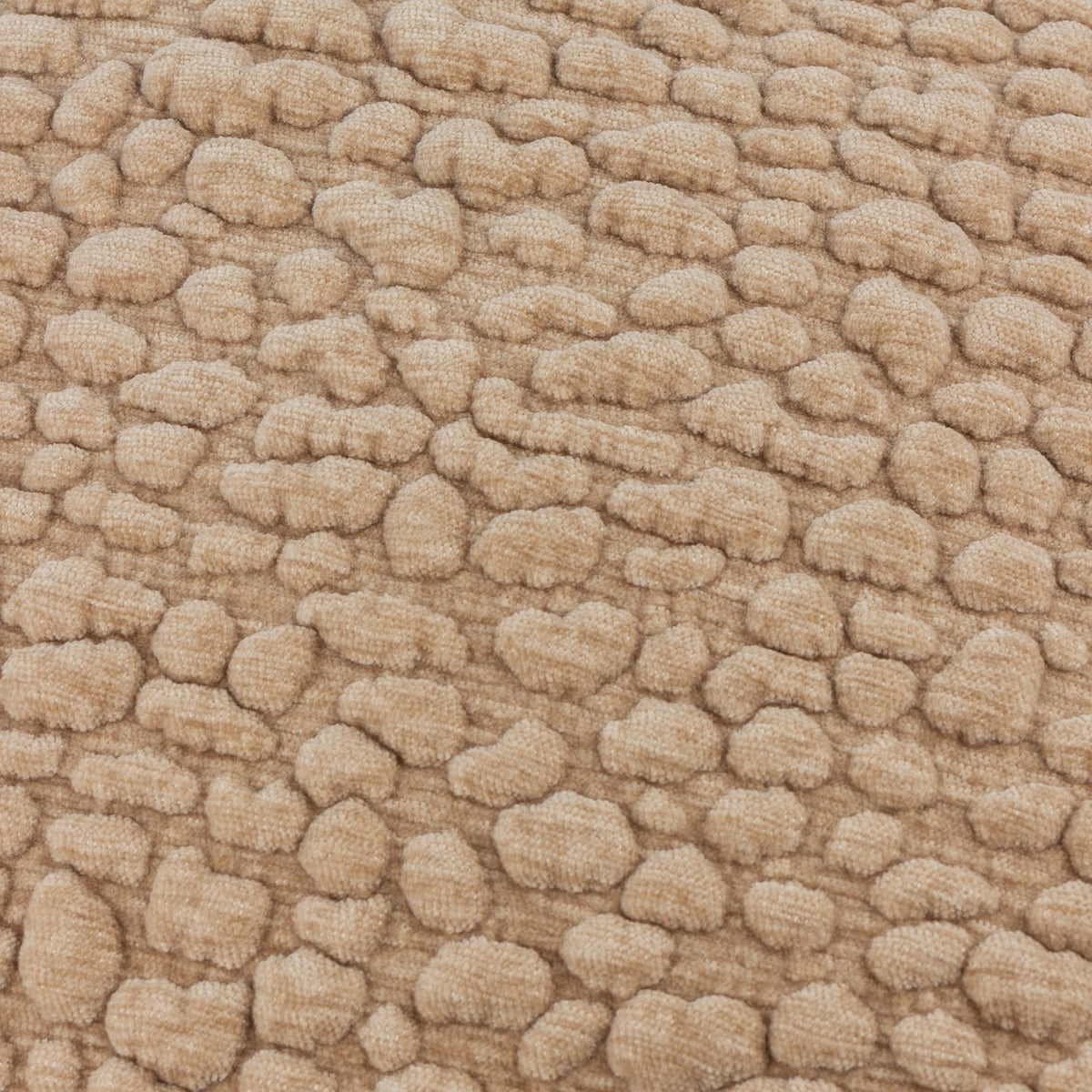 Close-up of the Pebble Linen Chenille Cushion in stone, showing raised, pebble-like chenille texture in a beige polyester pile.