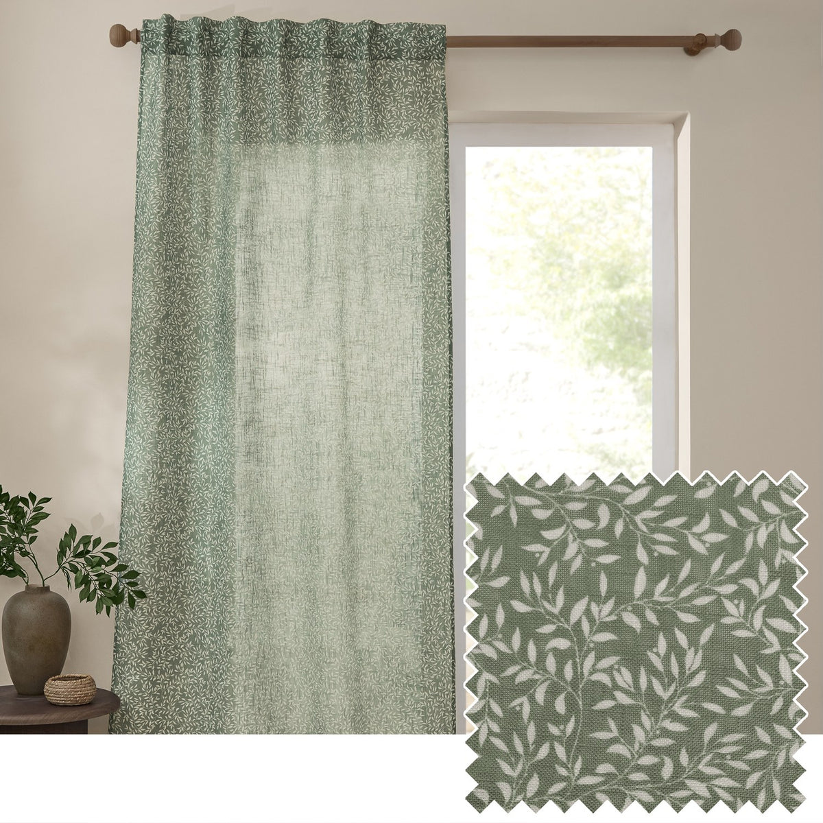 Perrie Leaf Floral Polyester Curtain Panel in forest green, sheer fabric with trailing white leaf print, shown hanging beside a window, with a fabric swatch inset.