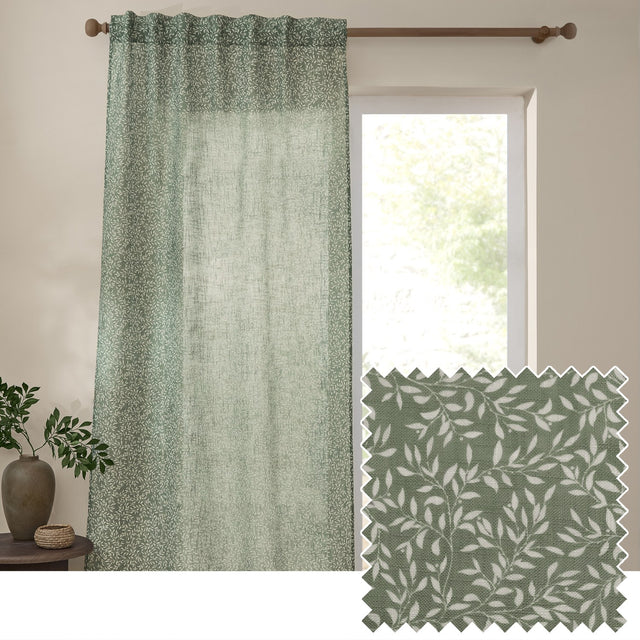 Perrie Leaf Floral Polyester Curtain Panel in forest green, sheer fabric with trailing white leaf print, shown hanging beside a window, with a fabric swatch inset.