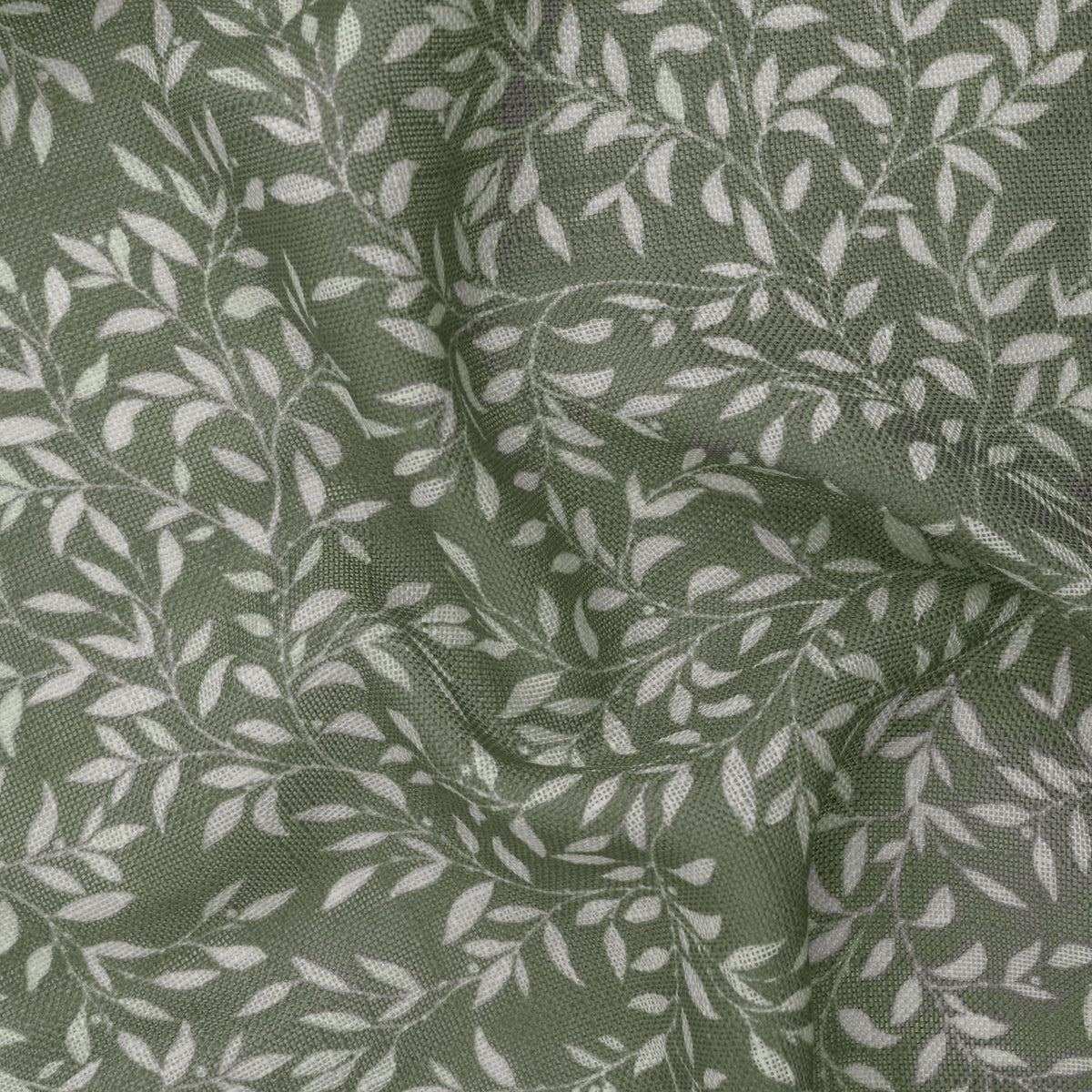 Perrie Leaf Floral Polyester Curtain Panel in forest green, close-up of sheer fabric with trailing white leaf sprigs printed across the lightweight woven texture.