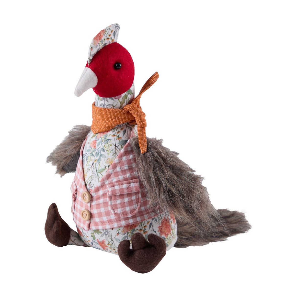 Phineas Polyester Door Stop shaped as a sitting bird with red felt head, floral jacket, pink gingham waistcoat, rust-orange neck scarf, and grey feathery tail, on a plain white background.