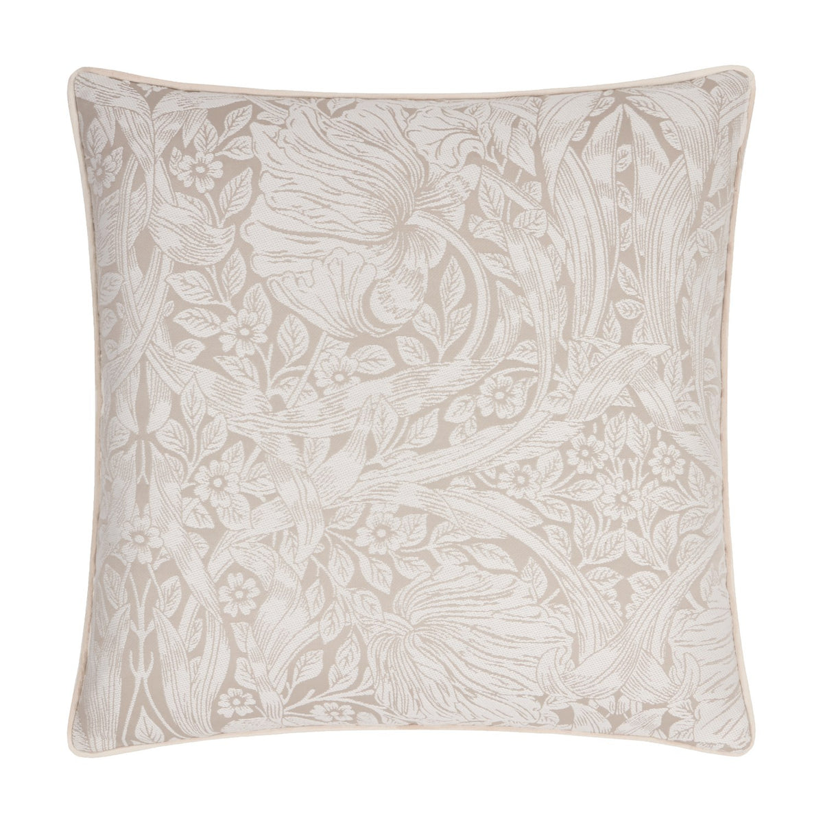 Square Pimpernel Jacquard Linen cushion in stone with a tonal woven floral and foliage pattern, finished with cream piping on a white background.