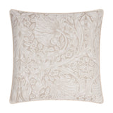 Square Pimpernel Jacquard Linen cushion in stone with a tonal woven floral and foliage pattern, finished with cream piping on a white background.