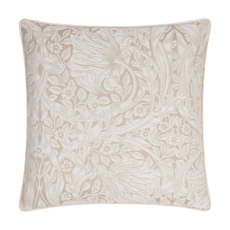 Square Pimpernel Jacquard Linen cushion in stone with a tonal woven floral and foliage pattern, finished with cream piping on a white background.