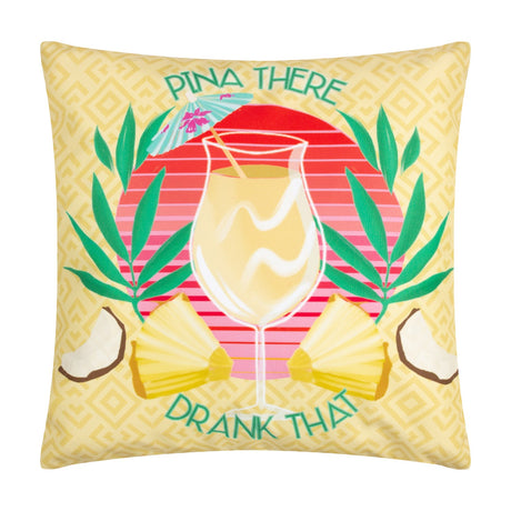 Yellow polyester cushion featuring a hand-drawn pina colada with parasol, sunset stripes, tropical leaves, pineapple wedges and coconut halves on a diamond geometric ground.