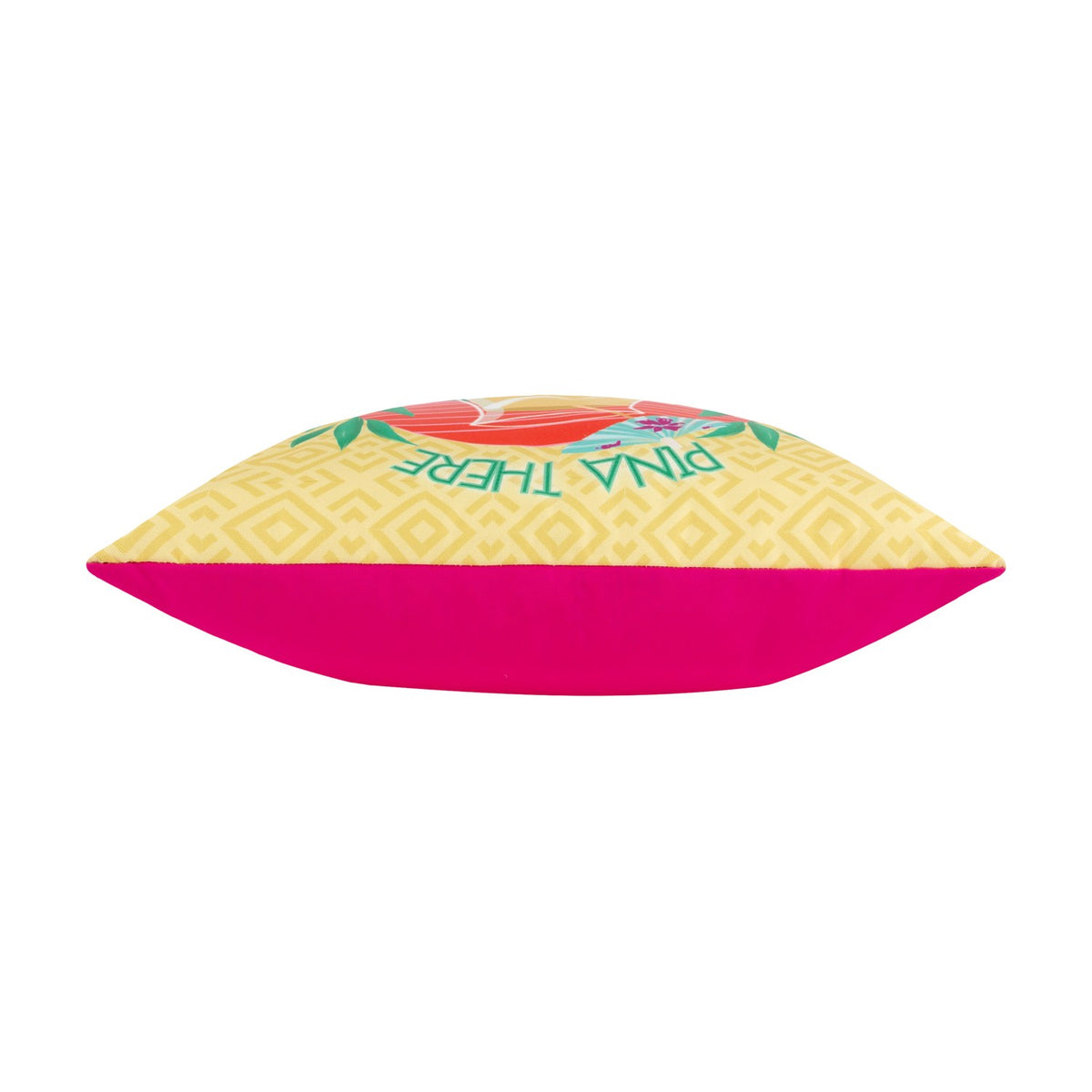 Side view of the Pina There cushion showing a bright pink polyester back panel and a yellow patterned front edge with a piped seam, on a plain white background.