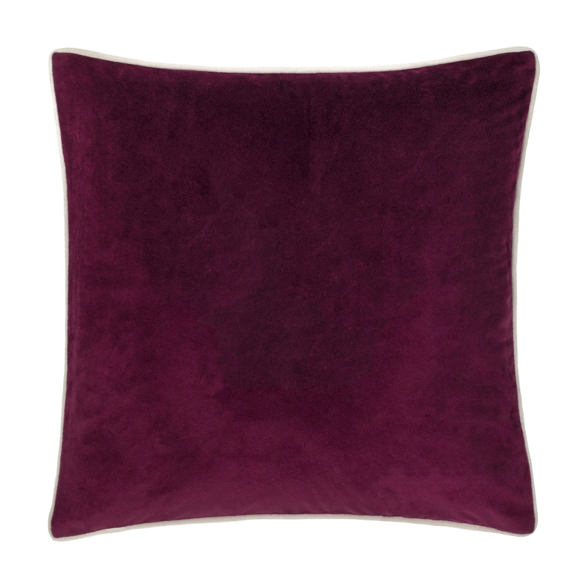 Pineberry Forest Animal Velvet Cushion in plum, plain square velvet cushion with light grey piped edge trim, shown reverse side on a white background.
