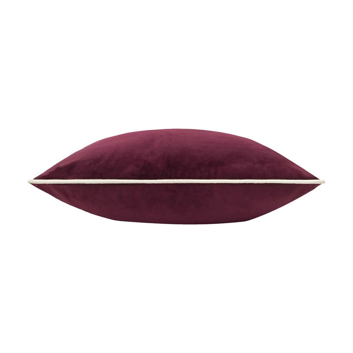 Side view of the Pineberry Forest Animal Velvet Cushion in plum, showing plump velvet fabric with a contrasting cream piped edge, on a white background.