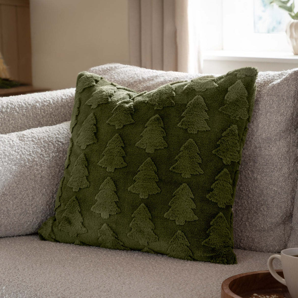 Pines Jacquard Faux Fur Cushion - Forest Green