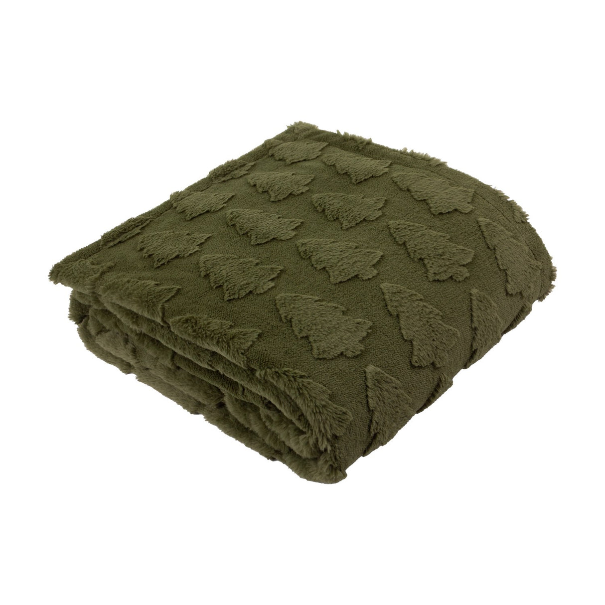Folded Pines Velvet Faux Fur Throw in forest green with a raised tufted tree pattern, shown on a plain white background.