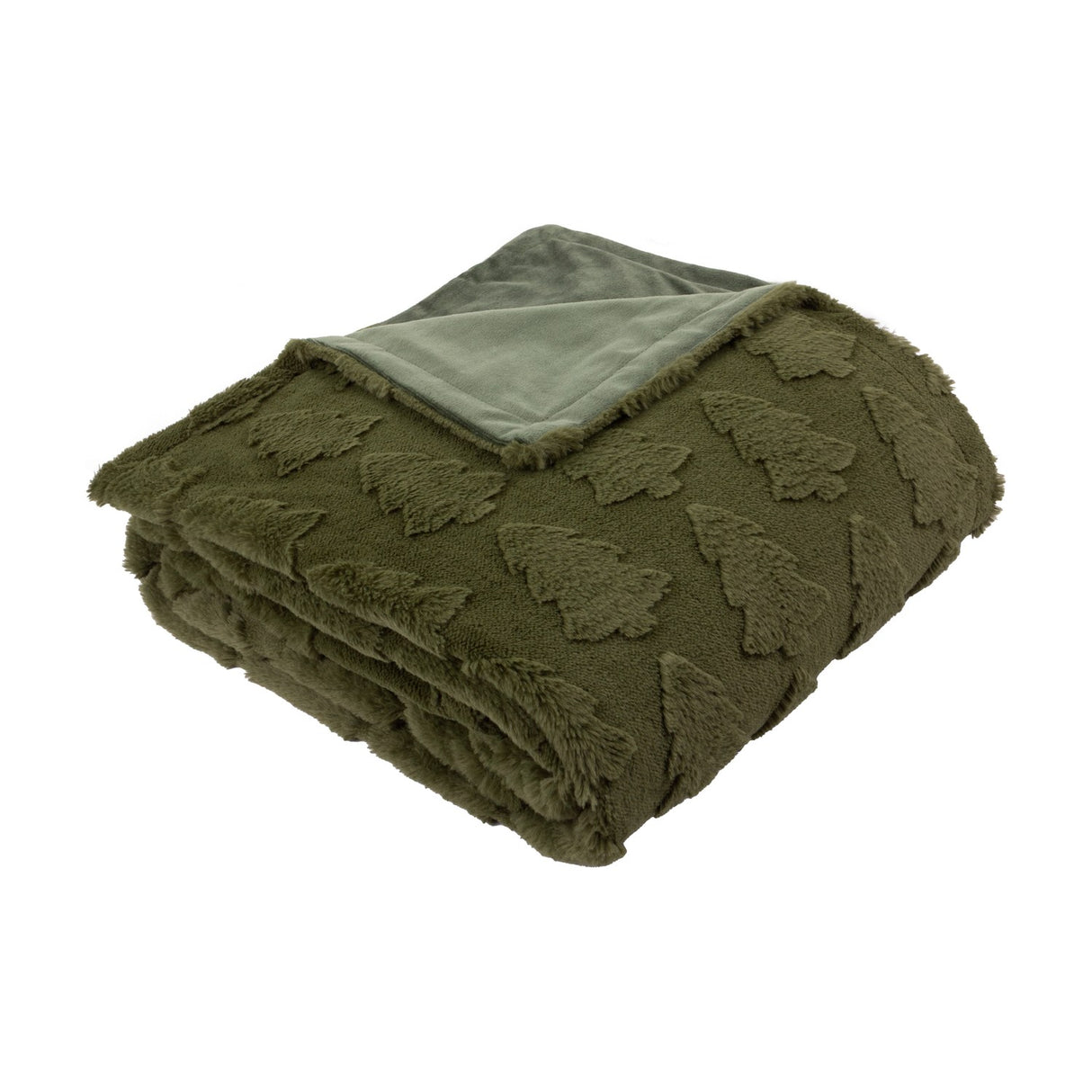 Folded Pines Velvet Faux Fur Throw in forest green with a raised tree pattern on the fluffy side and a smooth green velvet reverse, shown on a white background.