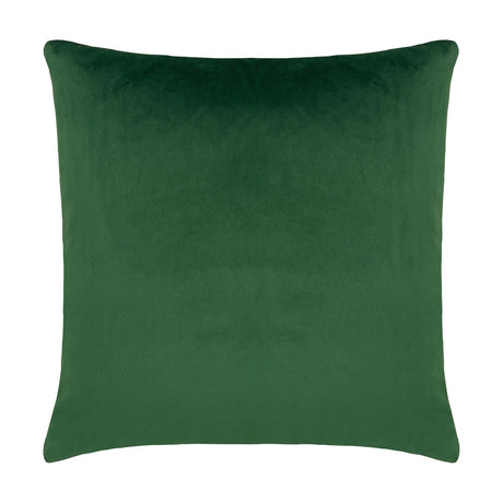 Platalea Botanical Velvet Cushion in Pink shown reverse side, plain green velvet fabric, square 43 x 43cm shape, photographed on a white background.