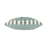 Side view of the Polar Bear Reversible Cotton Cushion showing green loop-tufted fabric with cream stripes above a plain sage-green reverse, on a white background.