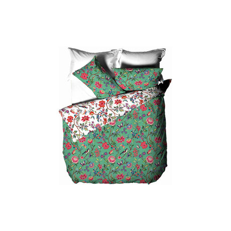 Pomelo Printed Floral Duvet Cover Set in Verdi, showing a green ground with red, pink and blue floral and bird print, styled with matching pillowcases on a white background.