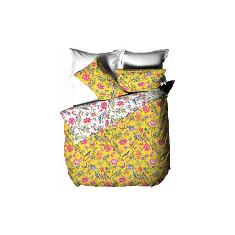 Pomelo Printed Floral Duvet Cover Set in yellow, polycotton bedding with a floral, bird and butterfly print, styled with matching pillowcases against a white background.