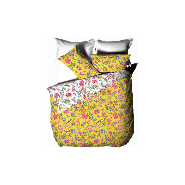 Pomelo Printed Floral Duvet Cover Set in yellow, polycotton bedding with a floral, bird and butterfly print, styled with matching pillowcases against a white background.