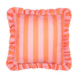 Palm Royale Stripe Ruffle square cushion in polyester, featuring bold pink and orange vertical stripes with a gathered ruffle trim, shown on a plain white background.
