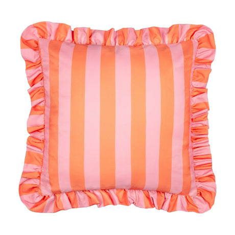 Palm Royale Stripe Ruffle square cushion in polyester, featuring bold pink and orange vertical stripes with a gathered ruffle trim, shown on a plain white background.