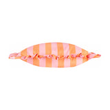 Palm Royale Stripe Ruffle Printed Polyester Cushion in pink and orange vertical stripes with a matching gathered ruffle trim, shown on a plain white background.
