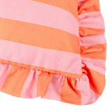 Close-up of the Palm Royale Stripe Ruffle Printed Polyester Cushion in pink and orange, showing bold vertical stripes and a gathered ruffle trim along the edge.