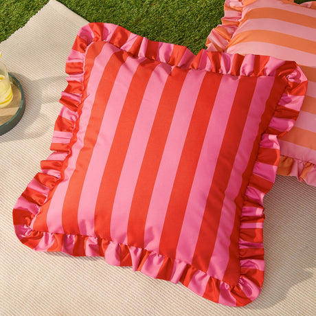 Palm Royale Stripe Ruffle Printed Polyester Cushion - Pink/Red