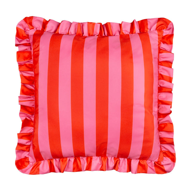 Palm Royale Stripe Ruffle square cushion in pink and red vertical stripes with a matching gathered ruffle trim, 100% polyester, shown on a plain white background.