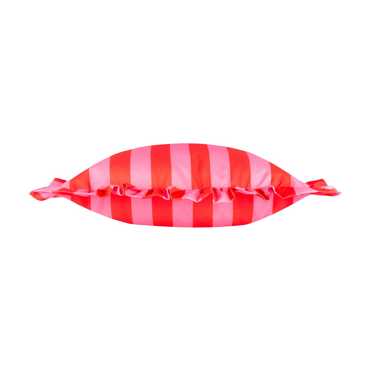 Palm Royale Stripe Ruffle polyester cushion in bold pink and red vertical stripes with a gathered ruffle trim around the edge, shown against a plain white background.