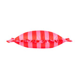 Palm Royale Stripe Ruffle polyester cushion in bold pink and red vertical stripes with a gathered ruffle trim around the edge, shown against a plain white background.