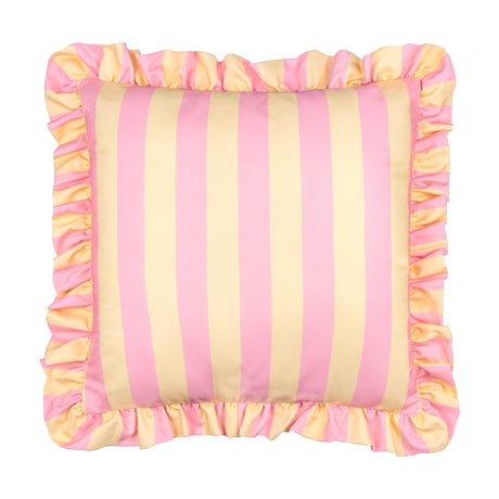 Palm Royale Stripe Ruffle Printed Polyester Cushion in pink and yellow vertical stripes, 50x50cm square with matching gathered ruffle trim, shown on a plain white background.