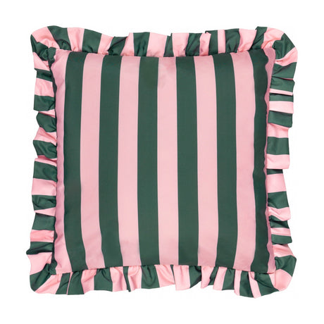 Palm Royale Stripe Printed Polyester Cushion in pink and green, square with bold vertical stripes and an all-round gathered ruffle trim, shown on a plain white background.