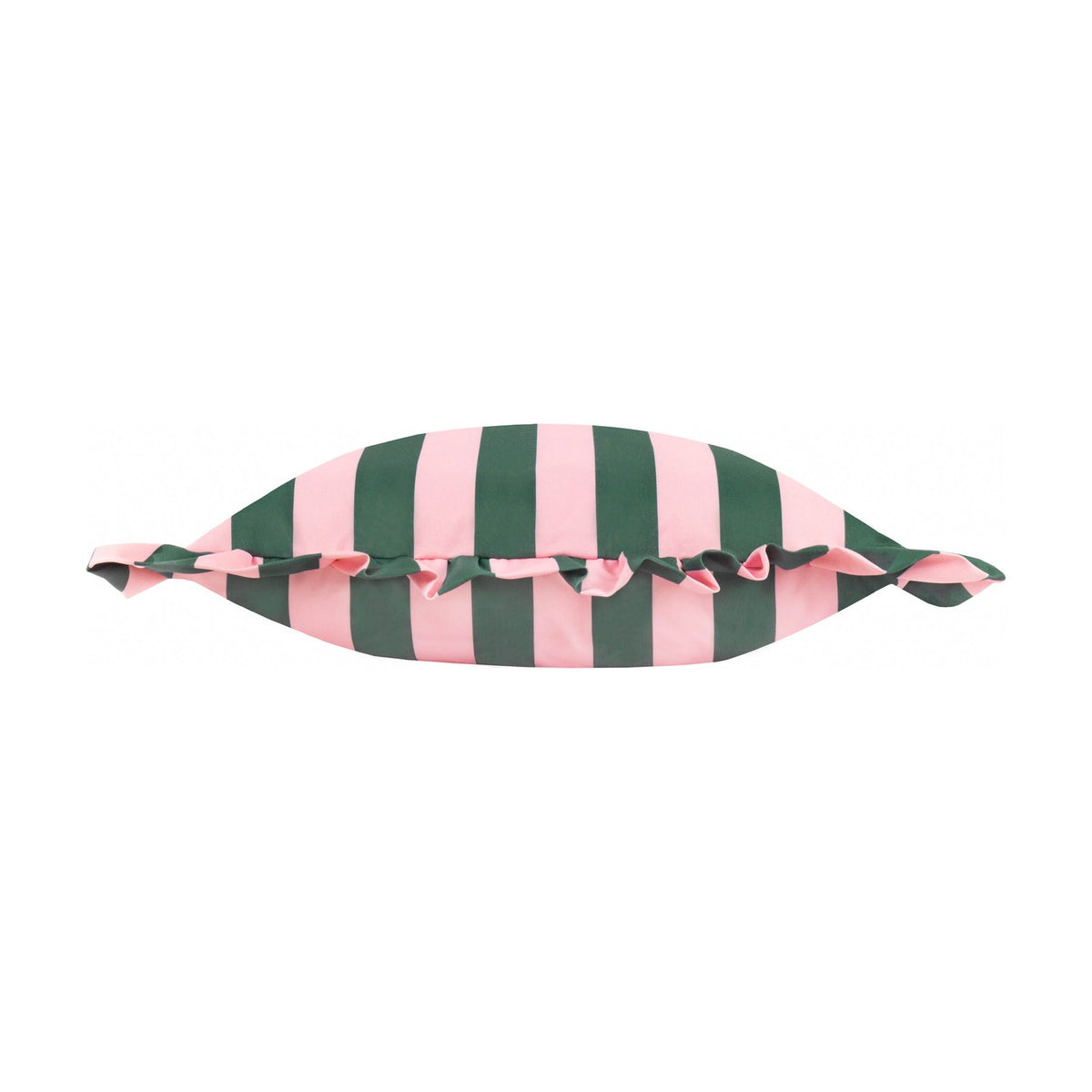 Palm Royale Stripe Printed Polyester Cushion in pink and green, shown lengthwise with gathered ruffle trim, on a plain white background.