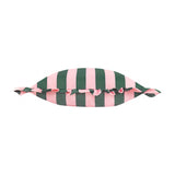 Palm Royale Stripe Printed Polyester Cushion in pink and green, shown lengthwise with gathered ruffle trim, on a plain white background.