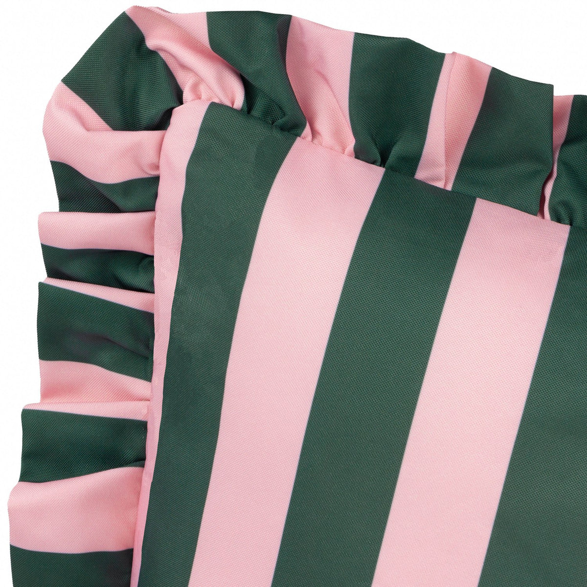 Close-up of the Palm Royale Stripe polyester cushion showing bold pink and forest green stripes with a gathered ruffle trim edge, on a plain white background.